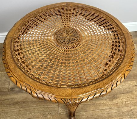 Vintage French Louis Style Carved Oak and Cane Top Side or Coffee