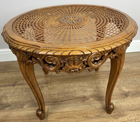 Vintage French Louis Style Carved Oak and Cane Top Side or Coffee