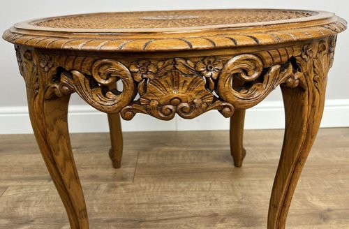 Vintage French Louis Style Carved Oak and Cane Top Side or Coffee