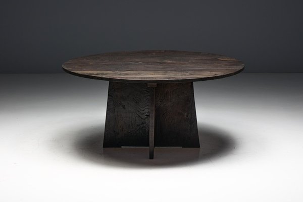 20th Century Brutalist Round Dining Table in Reclaimed Wood