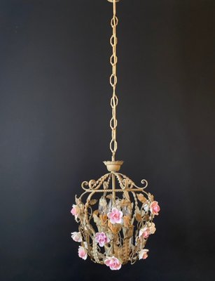 Merveilleux Lustre Vintage Fer Forgé Fleurs Céramique 6 Lumières Old Chandelier
