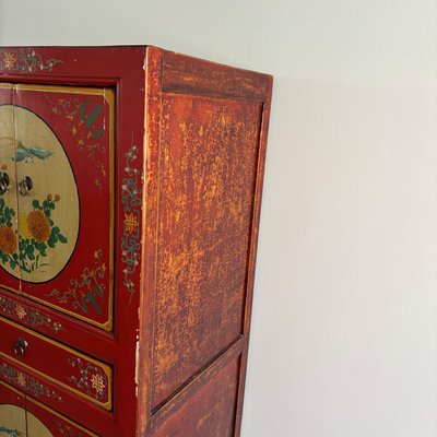 Chinoiserie Asian Wooden Cabinet with Flowers and Birds Decor for