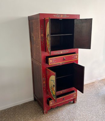 Chinoiserie Asian Wooden Cabinet with Flowers and Birds Decor for