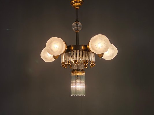 RARE LUSTRE ART Déco montgolfière à 4 bras d'éclairage à pampilles des