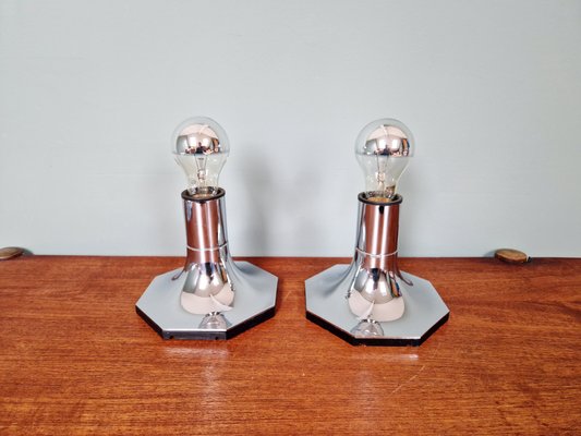 Paire de lampadaire moderniste vintage, métal chromé, France 1970