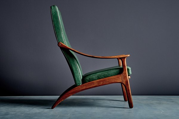 Sessel aus Teak & Grünem Leder mit hoher Rückenlehne von Arne Hovmand-Olsen, 1960er bei Pamono kaufen