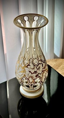Antique Bohemian White Overlay Gilded Glass Vase, 1800s for sale at Pamono