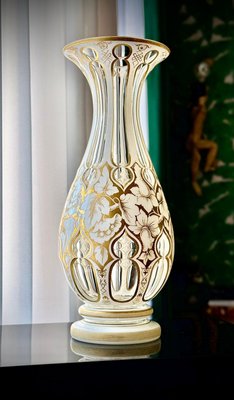 Antique Bohemian White Overlay Gilded Glass Vase, 1800s