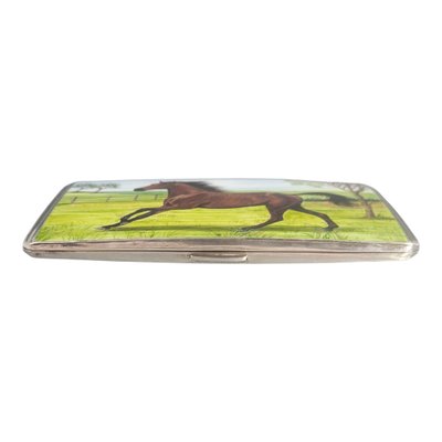 British Sterling Silver Cigarette Case with Original Enamel Horse, 1890s  for sale at Pamono