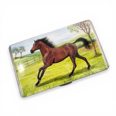 horse cigarette dispenser British Sterling Silver Cigarette Case with Original Enamel Horse, 1890s  for sale at Pamono