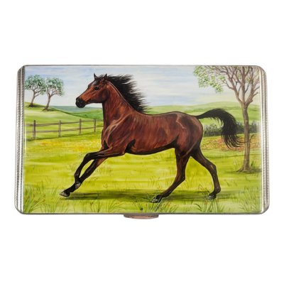 British Sterling Silver Cigarette Case with Original Enamel Horse, 1890s