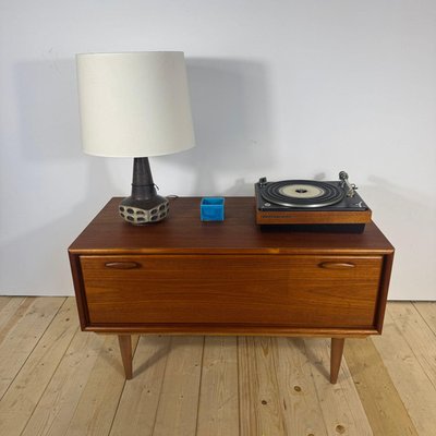 Vintage Scandinavian Low Cabinet with Drop-Leaf Door in Teak