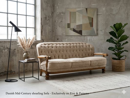 Danish Art Deco Style Three-Seater Sofa in Beige Bouclé, 1950s for