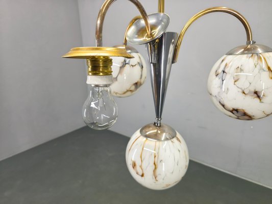 Globe De Suspension En Verre Opale Marbré - Art Déco 1930 - Style Clichy Vintage