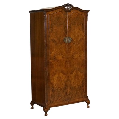 English Art Deco Queen Anne Burr Walnut Wardrobe, 1920s for sale