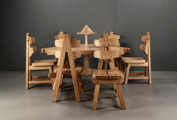 Brutalist Triangular Oak Dining Table and Chairs, Netherlands
