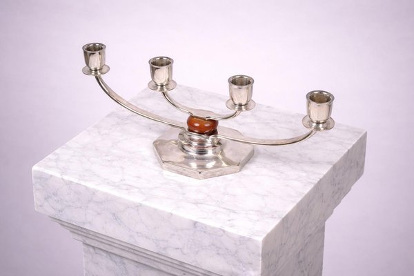 Bougeoir plaque bougie métal avec anse argent 12cm