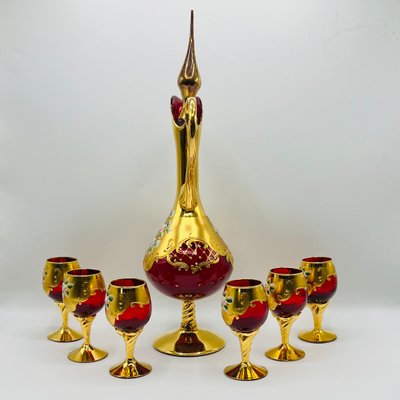 Ruby Red Murano Glass Tre Fuochi Decanter and Liqueur Service