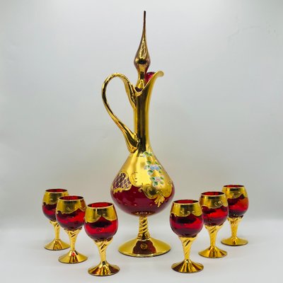 Ruby Red Murano Glass Tre Fuochi Decanter and Liqueur Service
