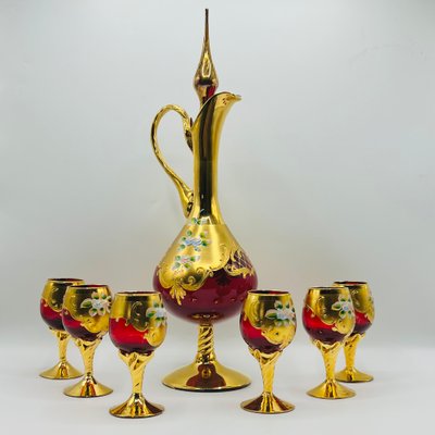 Murano Glass 赤金 デキャンタとグラスセット Ruby Red Murano Glass Tre Fuochi Decanter and Liqueur Service