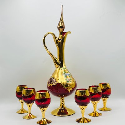 Ruby Red Murano Glass Tre Fuochi Decanter and Liqueur Service