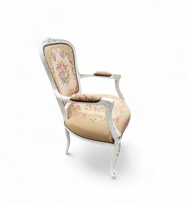 French Louis XV Style Armchair with Hand-Embroidered Floral