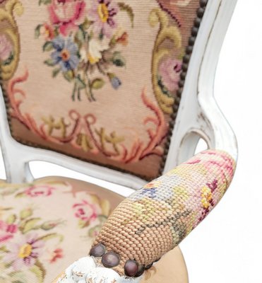 French Louis XV Style Armchair with Hand-Embroidered Floral