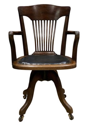 Antique Victorian Oak Railback Clerks Desk Chair with Porcelain