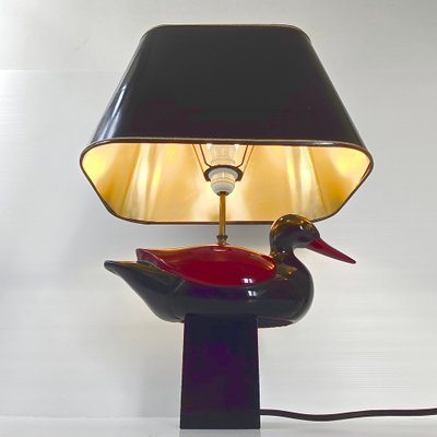 イタリアンアンティークウッドランプ Vintage Italian Duck Table Lamp in Black and Burgundy Lacquered