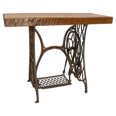 Vintage French Wrought Iron and Oak Side Table with Sewing Machine