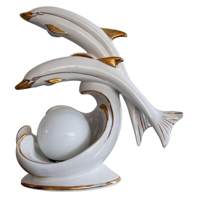 Couple Dolphin Design in Porcelain Table Lamp, 1960s for sale at