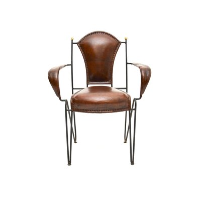Vintage French Iron and Leather Armchair attributed to Jacques