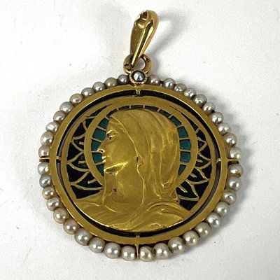 Antique French Virgin Mary 18k Yellow Gold Plique-a-Jour Enamel