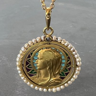 Antique French Virgin Mary 18k Yellow Gold Plique-a-Jour Enamel