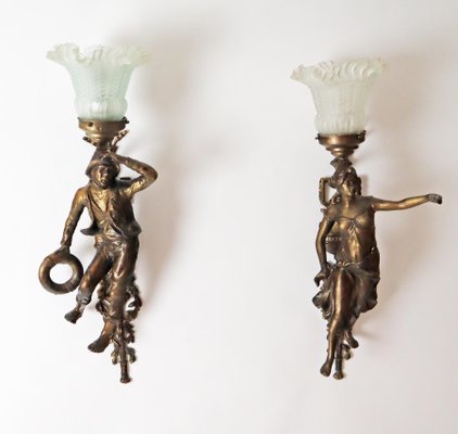 Art Nouveau Figural Wall Sconces of Sailor and Female Farmer