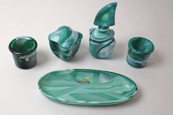 Green White Mouth-Blown Glass Dressing Table Set, 1950s, Set of 5 for sale  at Pamono