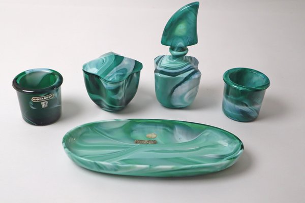 antique green glass dressing table set Vintage Green Glass Dressing Table Set – Kernow Furniture main image 1