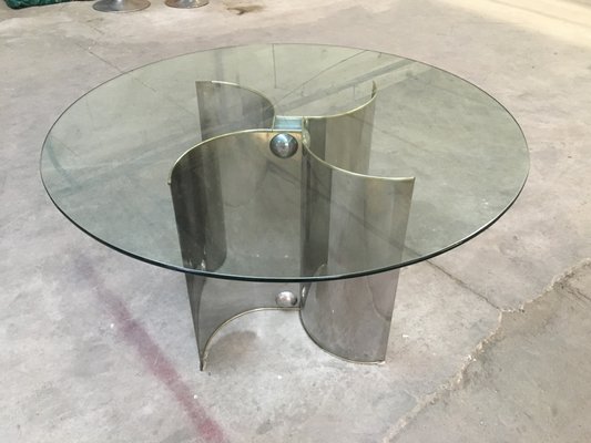 Mesa de comedor italiana de acero inoxidable y vidrio, años 70 en ... Mesa de comedor italiana de acero inoxidable y vidrio, años 70 en ...