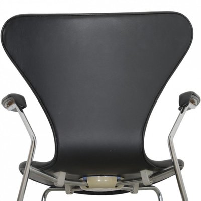 Seven Armchairs in Black Leather by Arne Jacobsen, 1990s, Set of 5