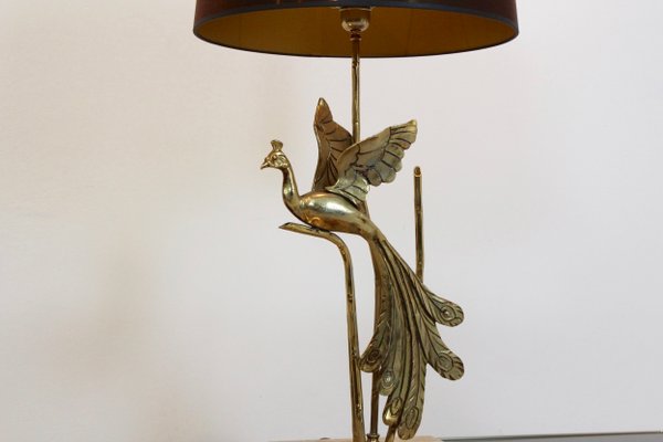Bureau En Et Lampe Métal Travertin1970 Paon De Sculpturale Doré n8Nmv0w