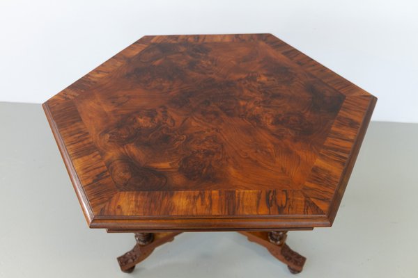 Antique Danish Hexagonal Walnut Burl Center Table, 1880s for sale