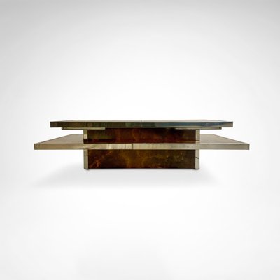 Sliding Two-Tier Burl Wood and Metal Coffee Table with Integrated