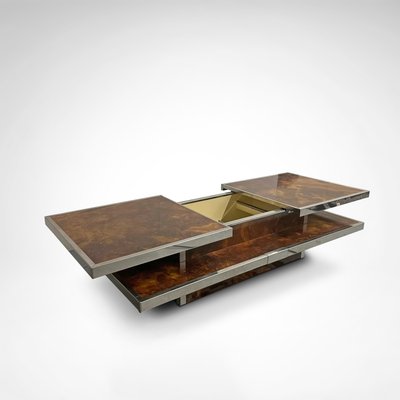 Sliding Two-Tier Burl Wood and Metal Coffee Table with Integrated