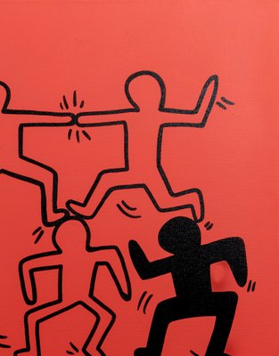 1990s Abstract Keith Haring Style Acrylic on Canvas Red Painting
