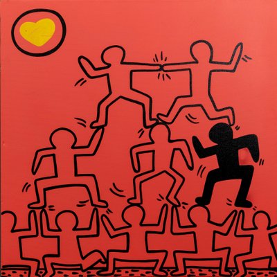 1990s Abstract Keith Haring Style Acrylic on Canvas Red Painting