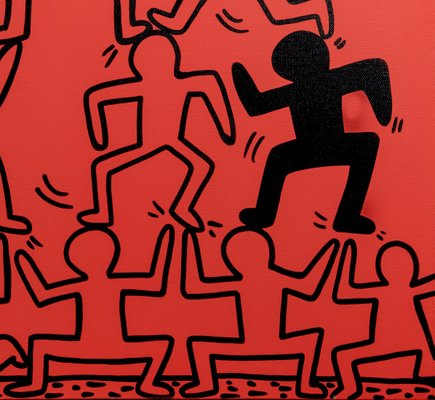 1990s Abstract Keith Haring Style Acrylic on Canvas Red Painting