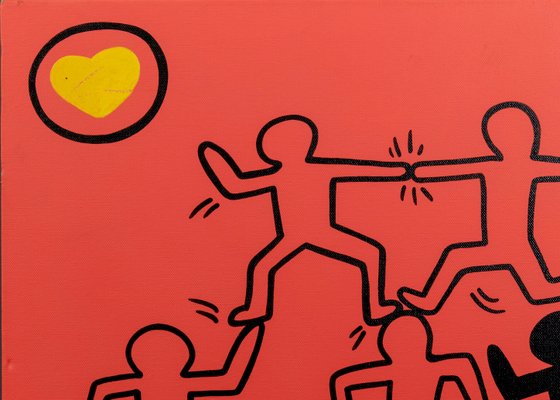 1990s Abstract Keith Haring Style Acrylic on Canvas Red Painting