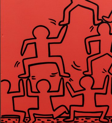 1990s Abstract Keith Haring Style Acrylic on Canvas Red Painting