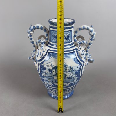 Savona Majolica Amphora Vase with Intertwined Snake Handles, 1700s