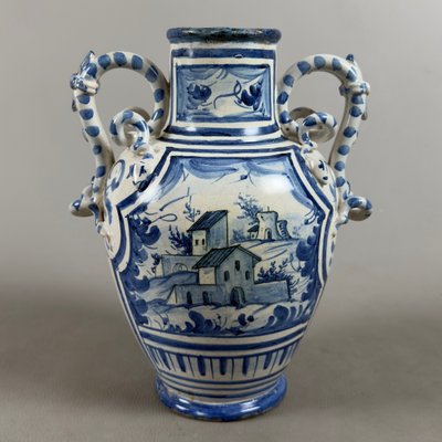 Savona Majolica Amphora Vase with Intertwined Snake Handles, 1700s